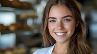 Young Caucasian woman with long brown hair smiling warmly in modern bakery or cafe setting with soft natural lighting for lifestyle marketing.