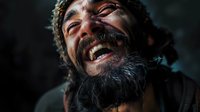 Close up portrait of a laughing bearded man wearing winter hat against dark background, genuine emotional expression captured in dramatic lighting.