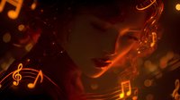 Abstract musical notes floating in warm orange and golden light with bokeh effects creating atmospheric background for music and entertainment projects.