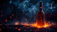 Glowing bottle with magical sparks and smoke on dark background, mystical orange light and bokeh effects create supernatural atmosphere.
