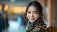 Young Asian woman with bright smile wearing plaid scarf and backpack outdoors in evening with soft bokeh lights background. Natural lifestyle portrait.