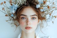 Young woman with natural makeup wearing white floral crown with baby's breath and delicate dried flowers, ethereal spring portrait against light background.