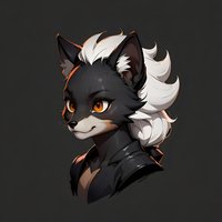 Stylized dark gray wolf character with white mohawk hairstyle and glowing orange eyes in side profile view against dark background. Fantasy animal portrait.