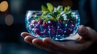 Magical glowing glass bowl with floating lights and plants held in palm against dark background, creating ethereal atmosphere with bokeh effects and sparkles.