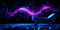 Empty hospital bed under starry night sky with purple aurora borealis, glowing blue flowers in foreground creating dreamy surreal atmosphere for healthcare concepts.