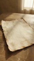 Aged parchment paper sheets on wooden table with warm sunlight creating vintage atmosphere for historical documents and antique manuscript designs.