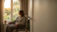 Young woman relaxing in cozy armchair by window with warm sunlight streaming through, peaceful morning atmosphere for wellness and lifestyle content.