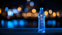 Clear plastic water bottle glowing with blue light against dark background with bokeh lights creating magical atmosphere. Perfect for beverage advertising.