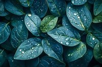 Fresh green leaves covered with morning dew drops in dark moody lighting create natural pattern. Close up macro photography shows water droplets on foliage.