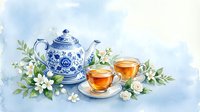 Watercolor tea set with blue and white porcelain teapot, two cups of tea, and white jasmine flowers on soft blue background.