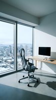 Modern high-rise office workspace with panoramic city skyline views through floor-to-ceiling windows, minimalist wooden desk, ergonomic black chair, and computer monitor for corporate work environment.