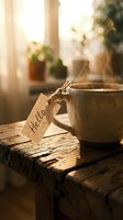 Steaming rustic ceramic mug with Hello tag on wooden table, warm morning light, cozy home atmosphere for greeting cards.