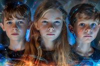 Three young Caucasian children with intense gazes against cosmic background with glowing lights and magical effects, creating mystical atmospheric portrait.