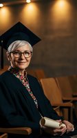 Senior Caucasian woman graduate in cap and gown holding diploma at university ceremony. Mature student achievement and lifelong learning concept.