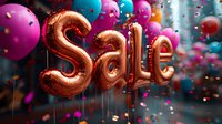 Metallic copper balloon letters spelling SALE with colorful party balloons and confetti floating in dark atmospheric space. For retail promotion and marketing.