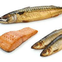 Whole smoked mackerel, salmon fillet, and fresh sardines isolated on white background. Seafood ingredients for cooking, nutrition, and culinary design projects.