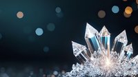 Magical crystal cluster formation with glowing light and bokeh effect on dark background, mystical mineral growth with transparent quartz points.