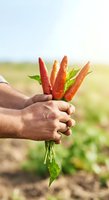 Farmer holding fresh red chili peppers with green stems in agricultural field, harvested produce for cooking and culinary use.