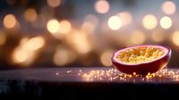 Fresh passion fruit half with seeds on dark surface against blurred golden bokeh lights background, creating magical mood for food photography and design.