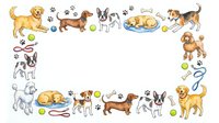 Adorable watercolor dog breeds border frame with paw prints, bones and toys. Perfect for pet care, veterinary services, dog training flyers.
