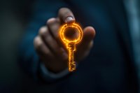 Glowing golden key with magical light effect held by business person in dark background, symbolizing success and opportunity solutions for business concept.