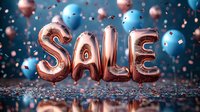 Rose gold foil balloon letters spelling SALE with blue balloons and confetti on dark background, festive retail promotion celebration atmosphere.