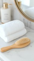 Luxurious bathroom essentials featuring bamboo hairbrush, white fluffy towels, and gold-accented dispenser on marble counter, reflecting minimalist spa aesthetic.