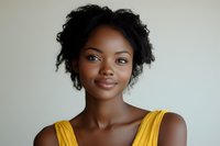 Young African American woman with natural curly hair wearing yellow sleeveless top smiling confidently against neutral background, fresh natural makeup look.