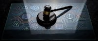 Digital justice concept with wooden gavel on futuristic interface displaying legal technology icons for law firm presentations and legal services.