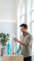 Smiling Caucasian businessman examining transparent acrylic house models in bright modern office with plants for real estate investment planning.