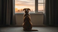 Brown dog sitting by window watching sunset cityscape through glass, peaceful indoor scene with warm golden light and urban skyline view for pet lifestyle content.