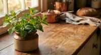 Fresh mint herb plant in ceramic pot on rustic wooden kitchen counter with copper cookware and natural sunlight streaming through window.
