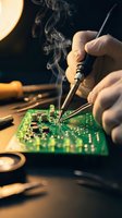 Technician soldering electronic components on green circuit board with smoking iron in professional repair workshop environment.