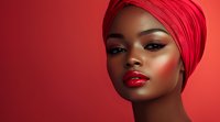 Young African woman wearing bright red headwrap and matching lipstick poses against red background, showcasing glamorous makeup and glowing skin in beauty portrait.