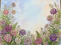 Watercolor floral frame with purple and pink wildflowers on textured paper background for greeting cards and wedding invitations.