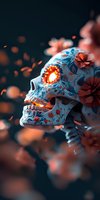 Decorative sugar skull with glowing eye socket and floral patterns in blue and orange tones against dark background, floating petals create magical atmosphere.