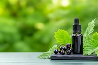 Black currant essential oil dropper bottle with fresh berries and green leaves on slate board against blurred natural background. For wellness and aromatherapy.