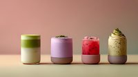 Colorful layered desserts in ceramic cups on pink background, featuring matcha, berry, and pistachio flavors for modern food photography.