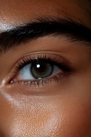 Close-up macro shot of brown eye with long eyelashes and defined eyebrow on glowing olive skin. Natural makeup and dewy complexion create ethereal beauty look.