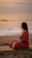 Pregnant woman in coral dress meditating on beach at sunset, peaceful maternity moment by ocean waves for wellness and motherhood concepts.