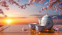Traditional ceramic tea set with ornate blue patterns on wooden table during cherry blossom season at golden hour sunset creating peaceful atmosphere.