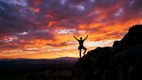 Person celebrating success on mountain peak at dramatic sunset with vibrant orange and purple sky. Achievement, freedom, and adventure concept for motivation.