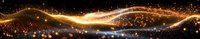Magical glowing golden light waves flow across dark background with sparkling particles and bokeh effects creating festive atmosphere.