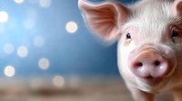 Close up portrait of pink piglet with curious expression against blurred blue bokeh background, capturing innocent and endearing farm animal personality.