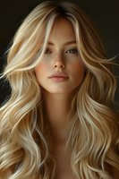 Young Caucasian woman with flowing blonde wavy hair and natural makeup against dark background. Soft lighting highlights facial features and hair texture. Professional beauty portrait.