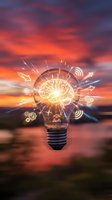 Glowing light bulb with illuminated brain and digital icons against dramatic sunset sky, representing innovation, creativity, and intelligent solutions for business concepts.