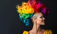 Young woman with vibrant rainbow colored hair styled in waves smiles against dark background wearing yellow top, showcasing creative hair coloring and styling.