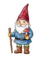 Garden gnome with white beard wearing red pointed hat, blue jacket and striped pants, holding wooden staff and red mushroom on white background. Isolated clipart for design projects.