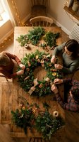 Family crafting Christmas wreaths together at rustic wooden table with evergreen branches, pinecones and dried oranges in cozy home setting.
