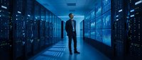 Professional businessman in dark suit standing in modern data center server room with blue lighting and digital displays for technology presentations.